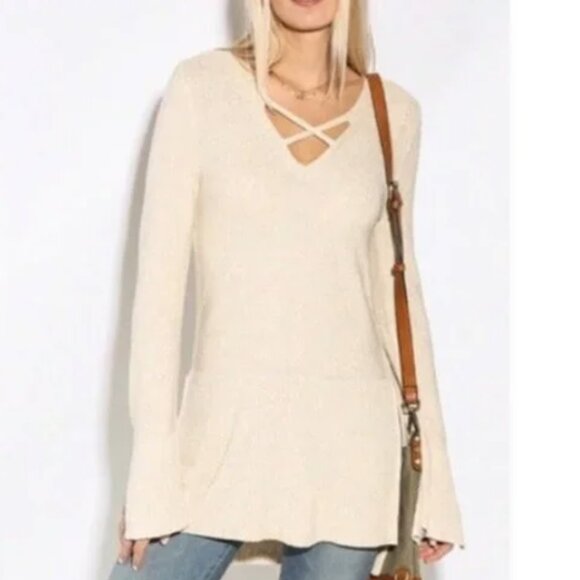 Free People Sweaters - Free People Sweater Criss-Cross Front Knit Tunic Side Slit Linen Blend Cream